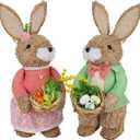 Juegoal Set of 2 Easter Standing Bunny Couple, 13.8" Handmade Straw Bunny Figurine, Easter Rabbits Tabletop Statues, Cute Rabbit Photo Props Gifts for Office Kitchen Farmhouse Spring Home Decor