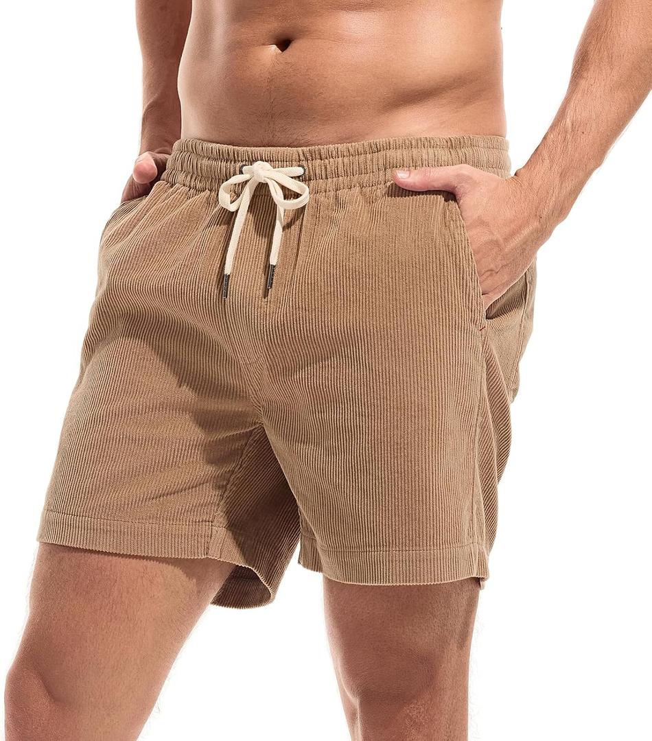 AMY COULEE Mens Corduroy Shorts 5.5" Elastic Waist Casual Shorts Summer Beach Shorts with Pockets (Large, Khaki)