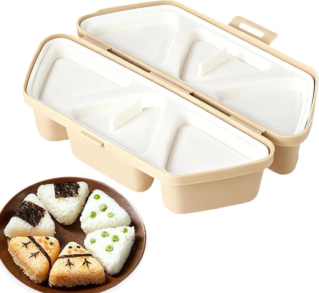6 in 1 Onigiri Mold, One-Press Quick Make 6 Rice Balls at Once, Multifunctional Triangle Sushi Rice Ball Maker for Home & Picnic, Easy to Store, Carry and Clean (Beige)