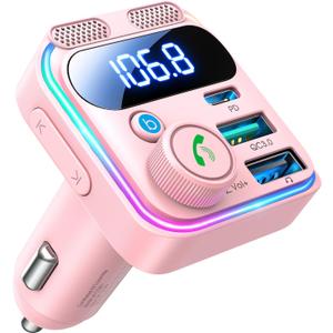 JOYROOM Bluetooth 6.0 Car Adapter FM Transmitter 81W Fast Charging Cigarette Lighter Hands-Free Calling Support USB Drive, Pink