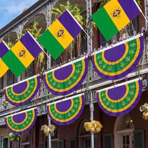 10 Pcs Mardi Gras Flag Bunting Set 4 59 x 35 Mardi Gras Flag 6 33 x 19 Bunting Happy Carnival Decoration Canvas Header and Double Stitched Fat Tuesday Flags Polyester with Brass Grommets