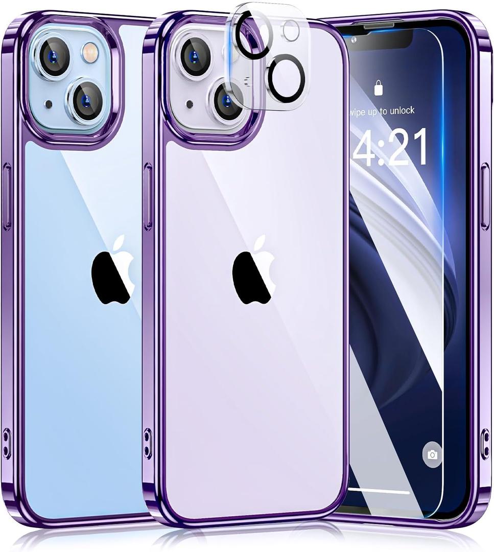 5 in 1 Crystal Clear for iPhone 14 Case with 2X Screen Protector+2X Camera Lens Protector [Not-Yellowing & Military Grade Drop Protection] Slim Protective Phone Case for iPhone 14 6.1'' Purple