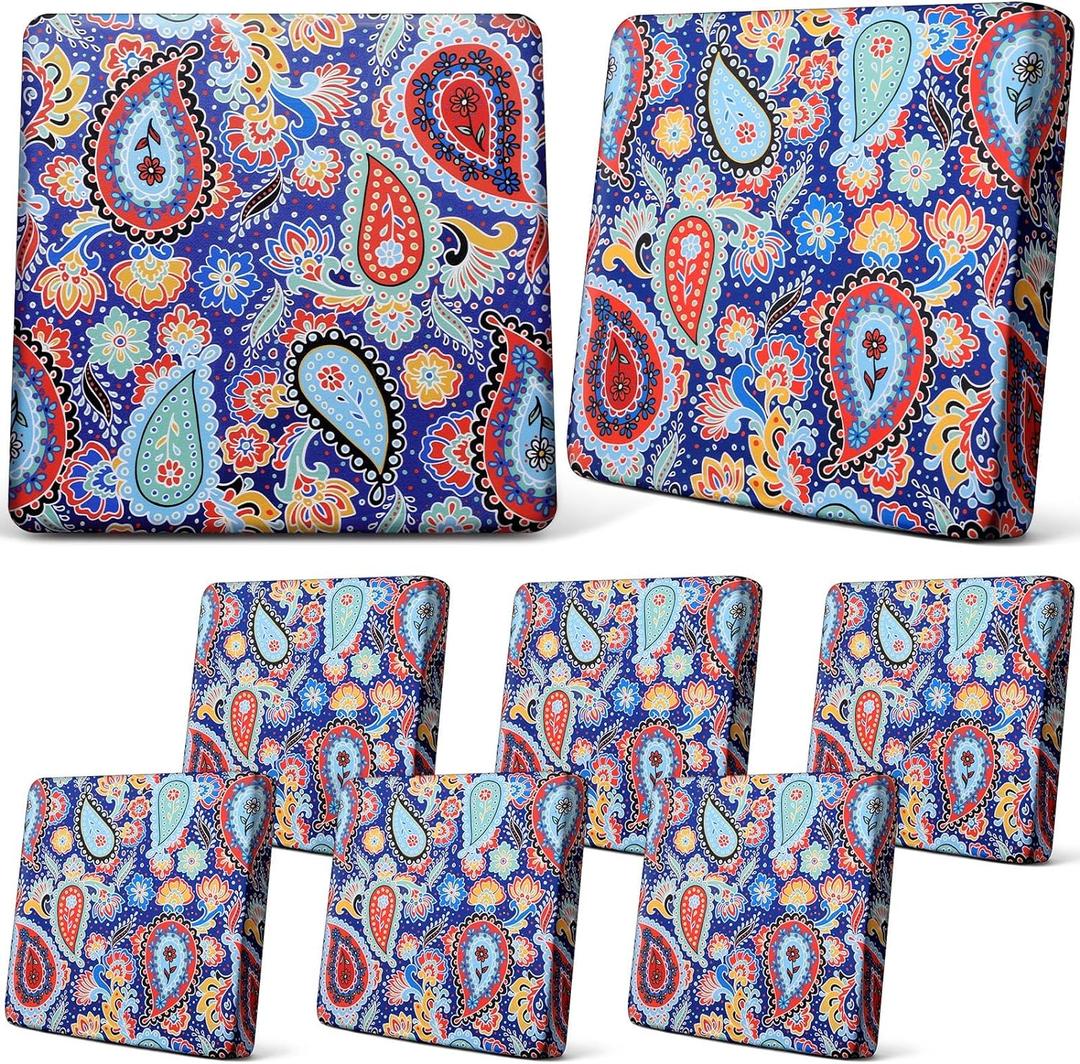 Newwiee 8Pcs Patio Cushion Covers Stretch Outdoor Cushion Cover Replacement for Patio Furniture Sofa Couch Slipcovers, Soft Flexibility Washable Furniture Protector(Waterproof Paisley,Vivid Color)