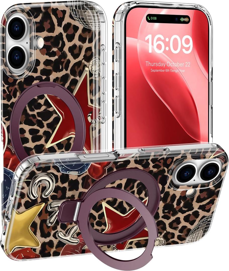 DEENAKIN for iPhone 16 Case - Wireless Charging Compatible - Integrated Multi-Functional Kickstand - Shockproof Protective Phone Case with Trendy Cute Designs for Women - Sexy Leopard-Print