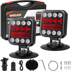 Wireless Trailer Lights, Rechargeable Magnetic LED Trailer Lights with Reverse Light, Portable Wireless Tow Tail Light Kit for Trucks, Boats, RVs, Campers (Black)