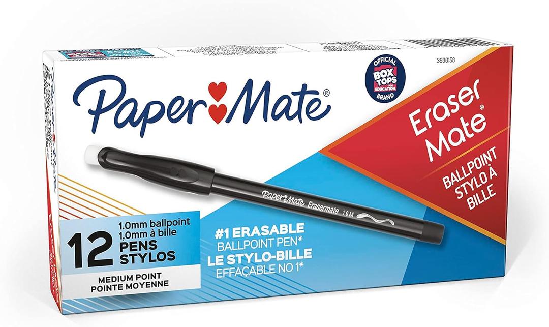Paper Mate EraserMate Erasable Pen, Medium Point, Black, Box of 12 (Black)