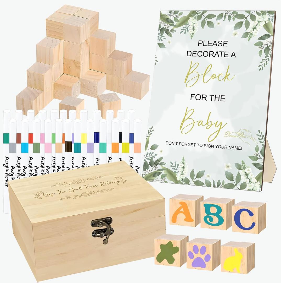 78 PCS Fun Baby Shower Games Sign Kit, Unique Baby Shower Ideas, Funniest Games Ever Where You Can Draw to Your Heart's Content, Suitable for Boy and Girls, Wood Block Kit