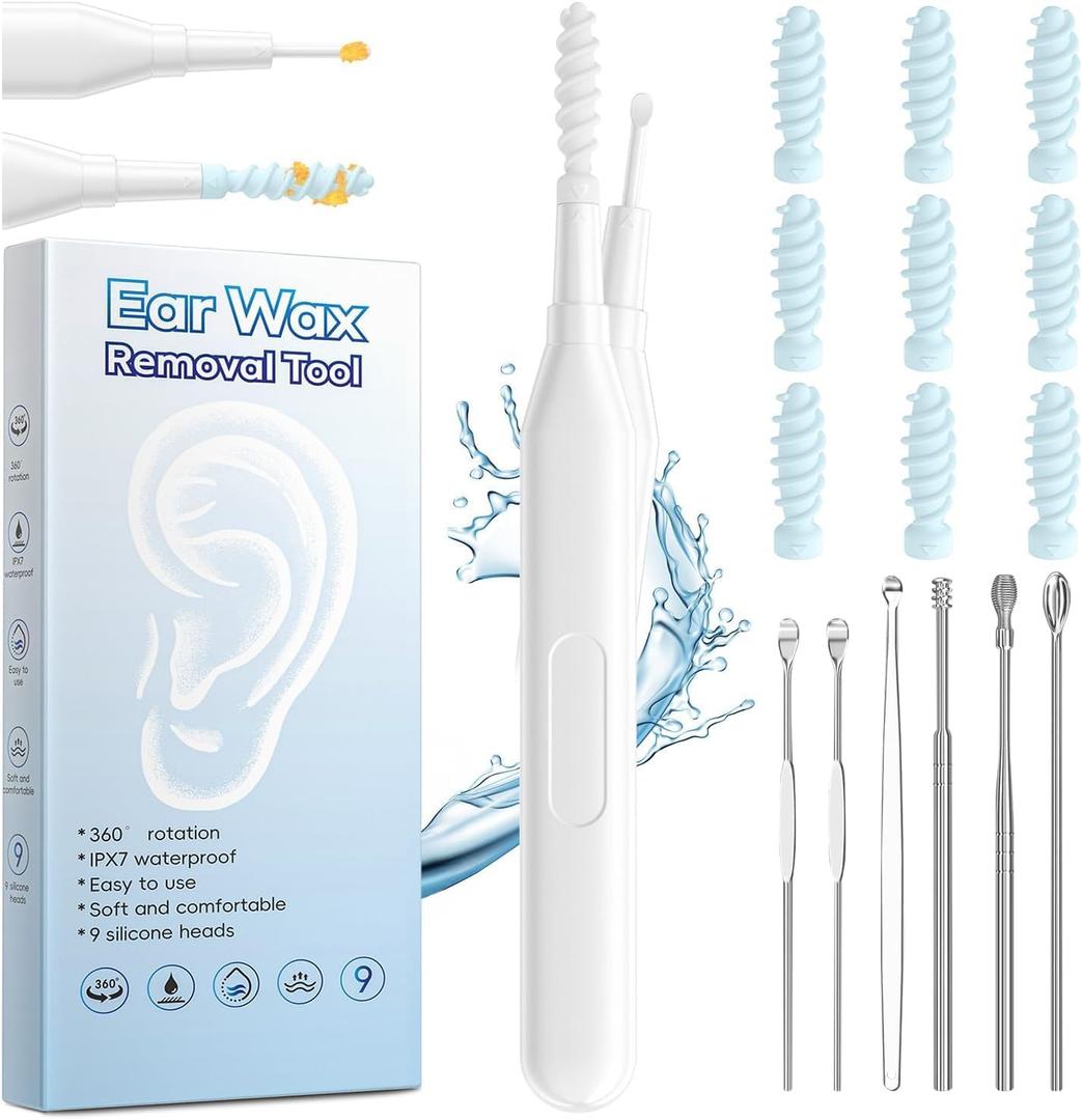 Ear Wax Removal Tool, Multifunctional Spiral Ear Cleaner, Q Grips Earwax Cleaning Tool with 9 Replacement Tips, Washable Ear Wax Removal Kit for Deep Cleaning Ear Picks