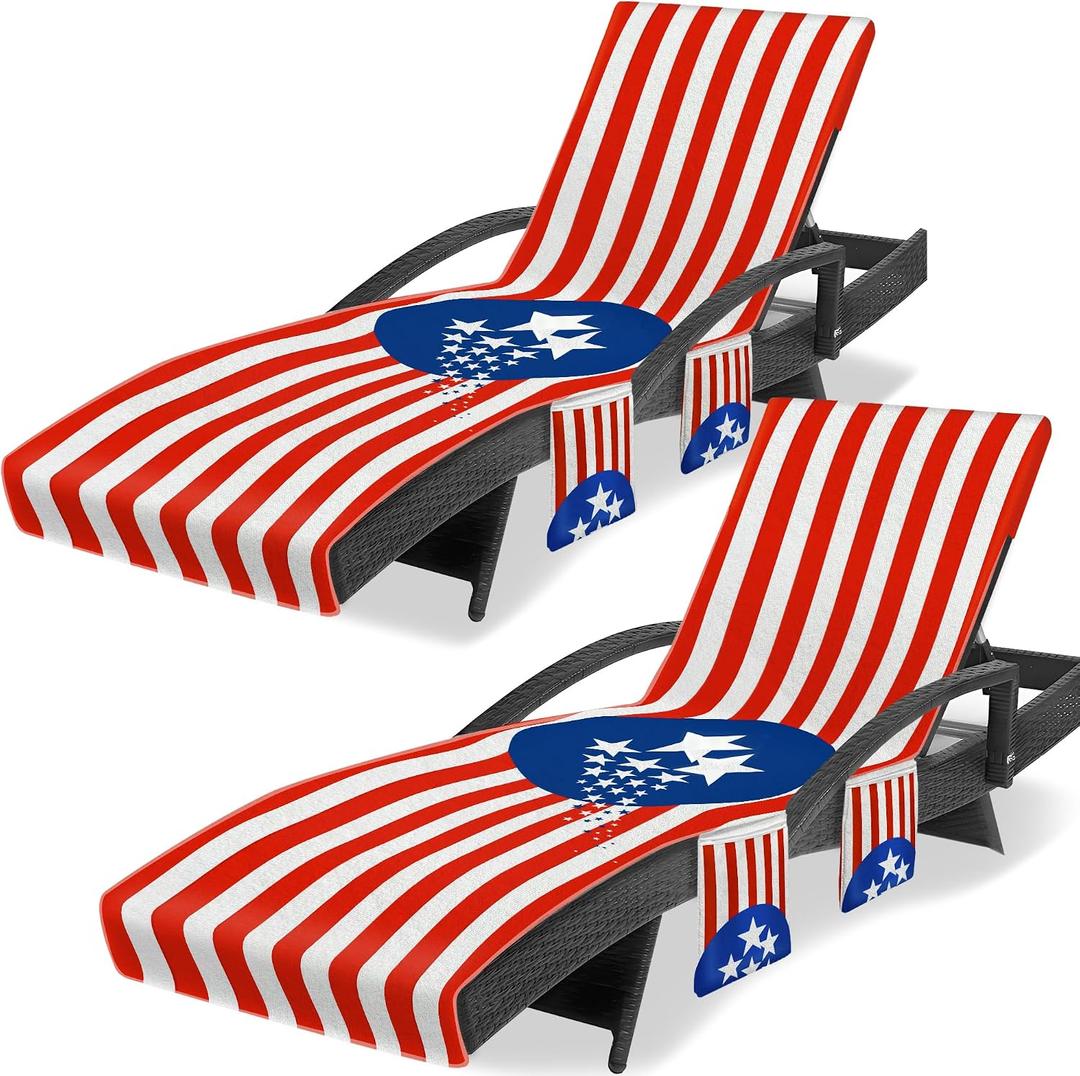 Lounge Chair Towel Cover, Beach Chair Covers (Pack of 2), Striped Lounge Chair Towels with Fitted Top Pocket for Garden Courtyard Outoor Loungers, 85 x 30 in,Striped Red