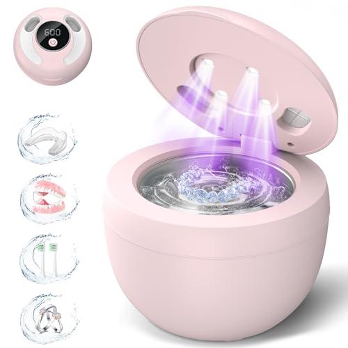 Dental Ultrasonic Retainer Cleaner Machine: 45kHz Dental Cleaning Pod for Denture, Mouth Guard, Night Guard, Aligner, Braces, Toothbrush Head & Jewelry, UV Cleaner with Digital Timer & 4 Modes, Pink