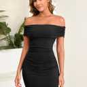 OWIN Womens Off Shoulder Bodycon Mini Dress Sexy Ruched Ribbed Cocktail Club Party Night Out Dress (Black, S)