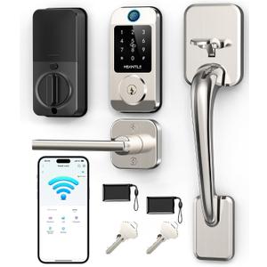 Wi-Fi Front Door Lock Set - HEANTLE Smart Locks for Front Door Built-in WiFi Keyless Entry Deadbolt with Handle Set Fingerprint Smart Electronic Deadbolt, Works with Alexa & Google Assistant Silver