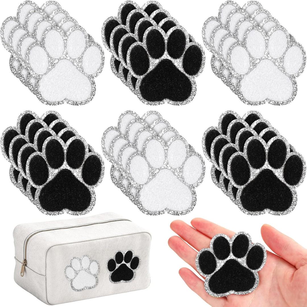 Jexine 24 Pcs Paw Print Chenille Patches Self-Adhesive Stick-on Embroidered Patches Stickers for Clothing Bag Hat Backpack Jean Gift for Animal Birthday Party(White, Black with Silver Edge)