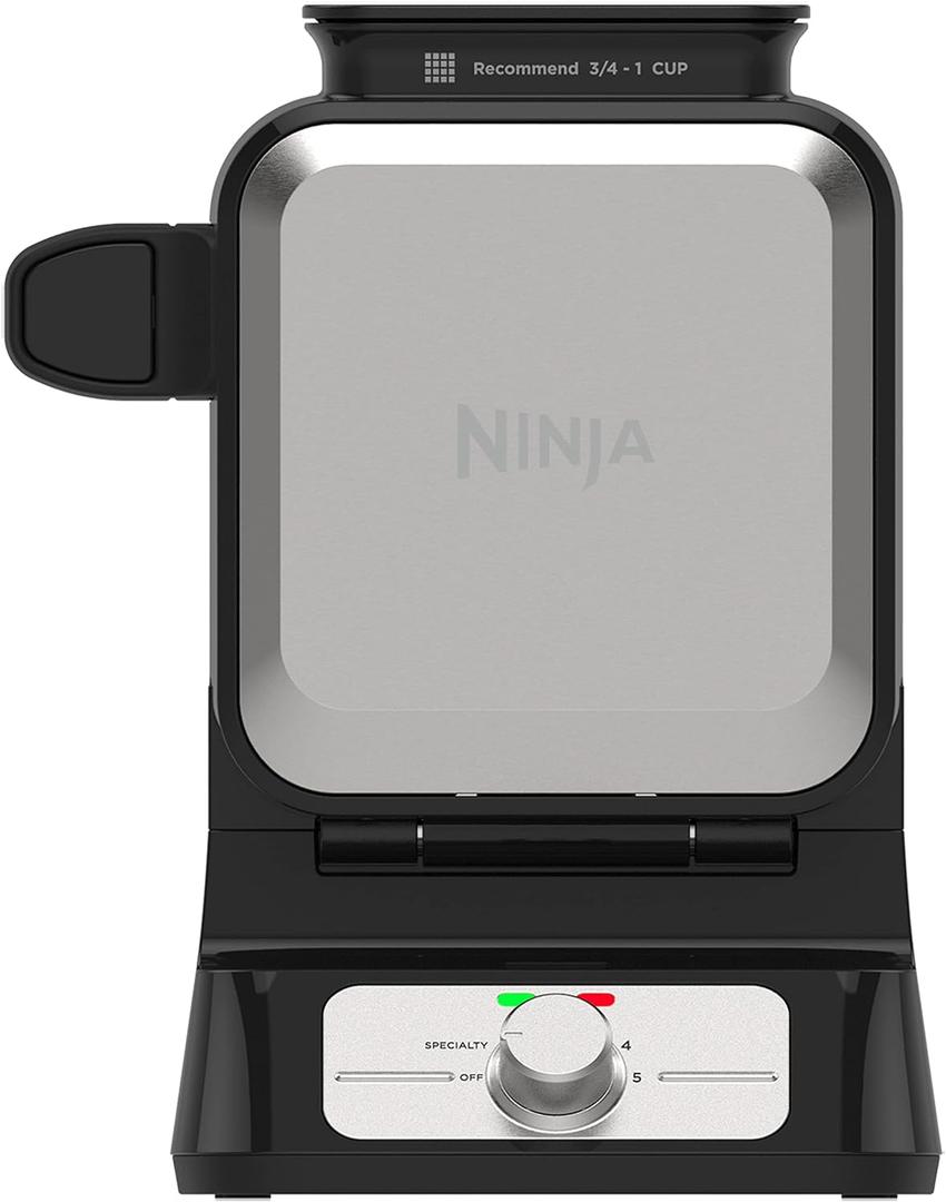 Ninja Belgian Waffle Maker Pro, 5 Shade Settings, Black/Silver, BW1001 Vertical design, Never Stick coating, Precision-pour cup, Recipe guide, Dishwasher-safe parts