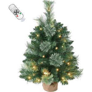 2FT Pre-lit Artificial Small Mini Christmas Tree with Warm White Multi-Color LED Lights, Remote Control and Timer, Perfect for Xmas Tabletop Decorations, Home, Kitchen, Dining Table top Green