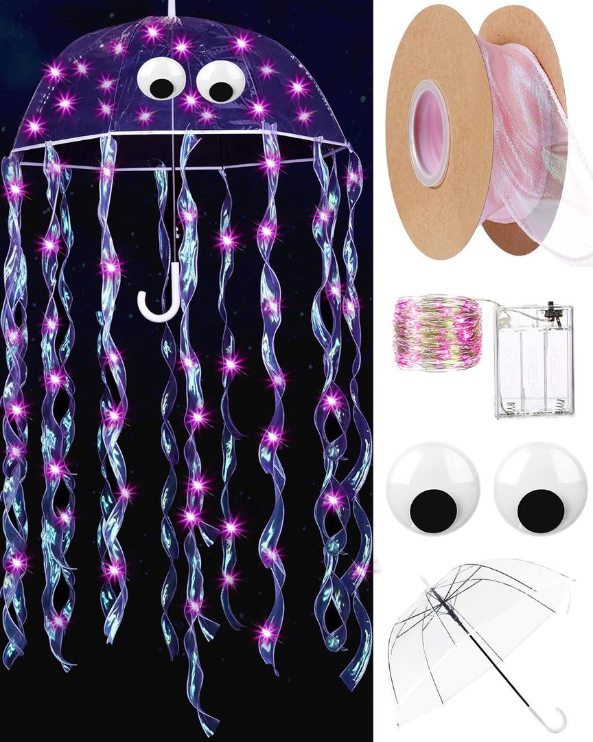 Paterr Halloween DIY Jellyfish Costume Set Including Clear Bubble Umbrella LED String Lights Ribbons Googly Eyes (Pink)