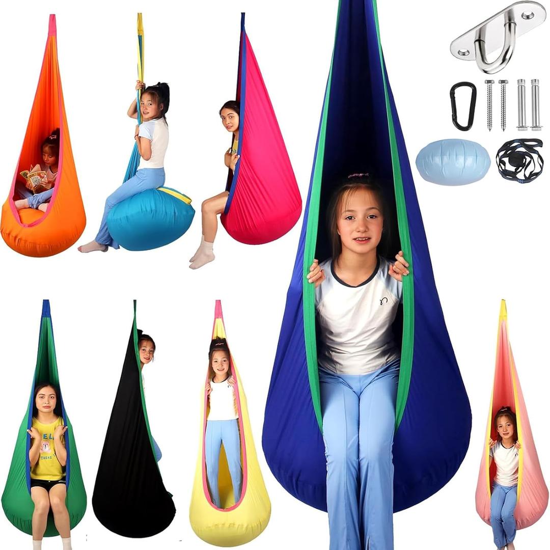 Sensory Swing for Kids Indoor and Outdoor Pod Hammock Chair Seat Upgrade Max 300 lbs Hanging Swing with Inflatable Cushion Includes Hardware Hanger Kit for Asperger's Autism ADHD (Blue)