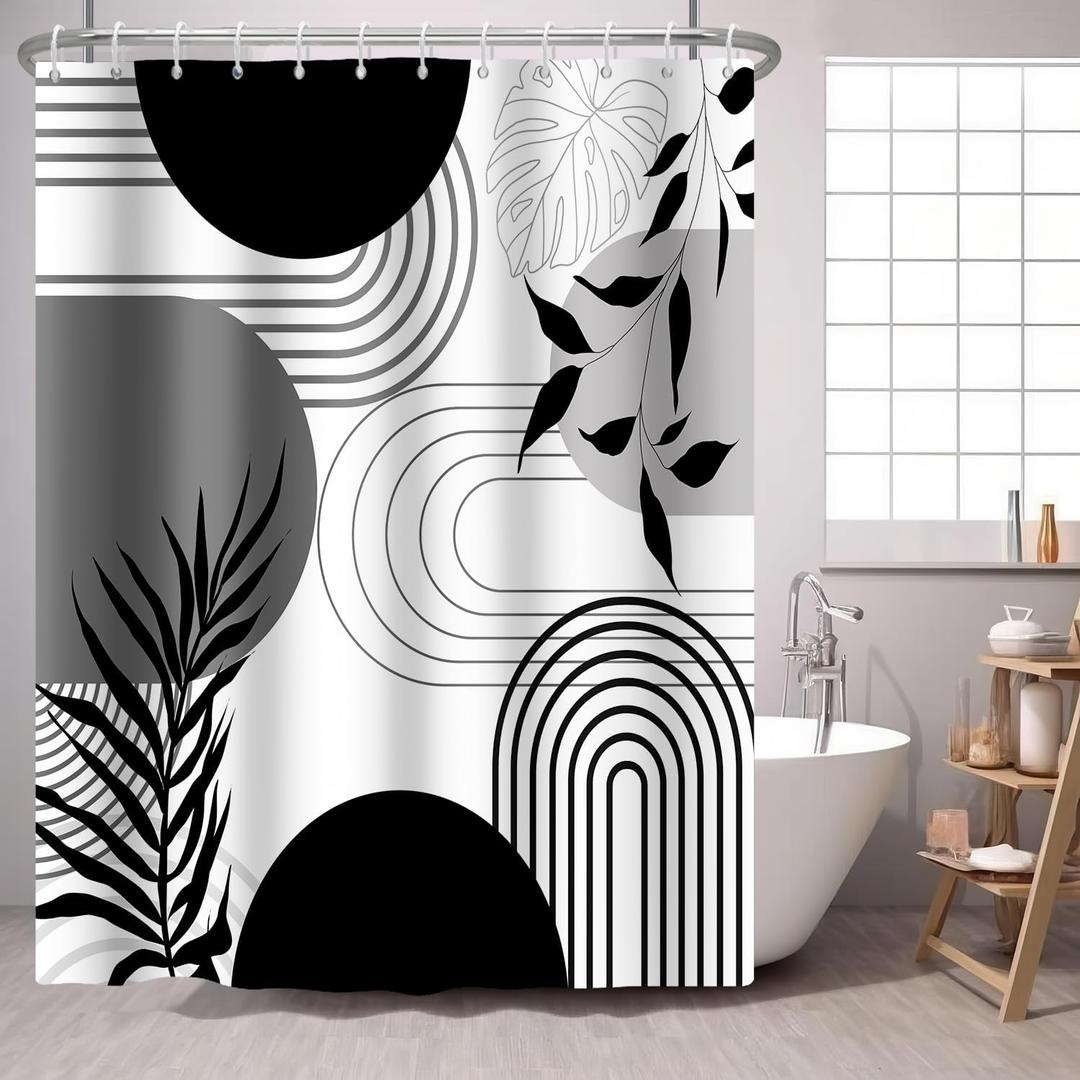 Abstract Mid Century Shower Curtain Black White Boho Tropical Leaf,Sun Arch Minimalist Modern Fabric Shower Curtains Waterproof Bathroom Accessories 72x72 Inches
