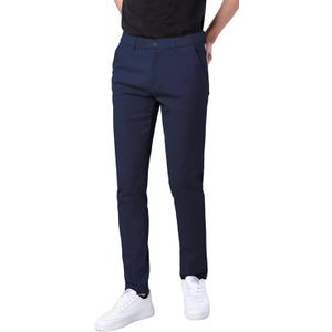 Plaid&Plain Men's Skinny Stretchy Khaki Pants Colored Pants Slim Fit Slacks Tapered Trousers (Navy Blue, 32W x 28L)
