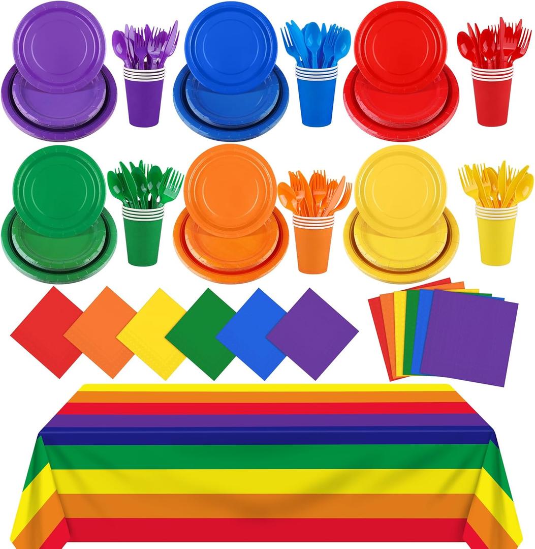 169 Pieces Rainbow Party Supplies Disposable Dinnerware Set Include Plates and Cups Napkins Plastic Forks Knives Spoons Tablecloth for Wedding Birthday Party Decorations, Serve 24 Guests 169 Pieces Rainbow Party Supplies Disposable Dinnerware Set Include Plates and Cups Napkins Plastic Forks Knives Spoons Tablecloth for Wedding Birthday Party Decorations, Serve 24 Guests