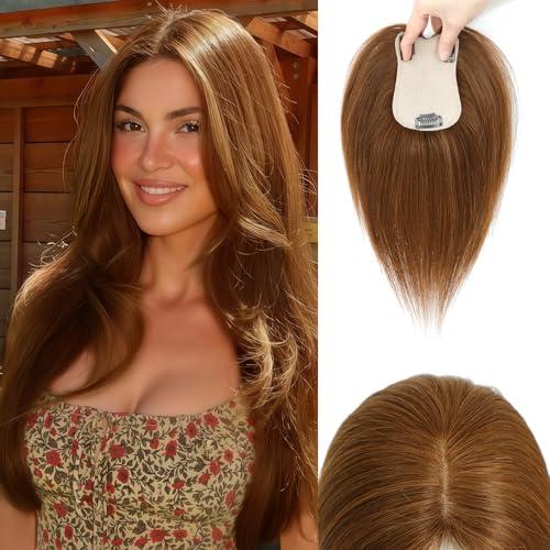 LEDIZE Hair Toppers for Women Real Human Hair, 360° Cover Middle Part Human Hair Toppers for Women with Thinning Realistic Scalp Line Upgrade Basement Toppers Hair Pieces (Mocha Brown, Side Bangs)