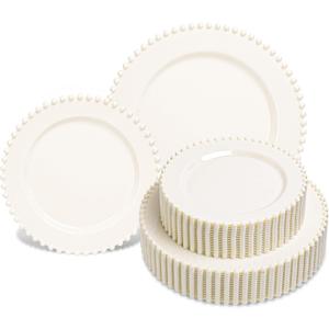 HOMIP 50PCS Ivory Plastic Plates - Fancy Beaded Plates Disposable, Elegant Plates for Party, Wedding & Birthday Including 25 Dinner 10" & 25 Dessert Plate 7"
