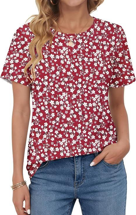 Women's Summer T-Shirt, Large, Red flowers.
