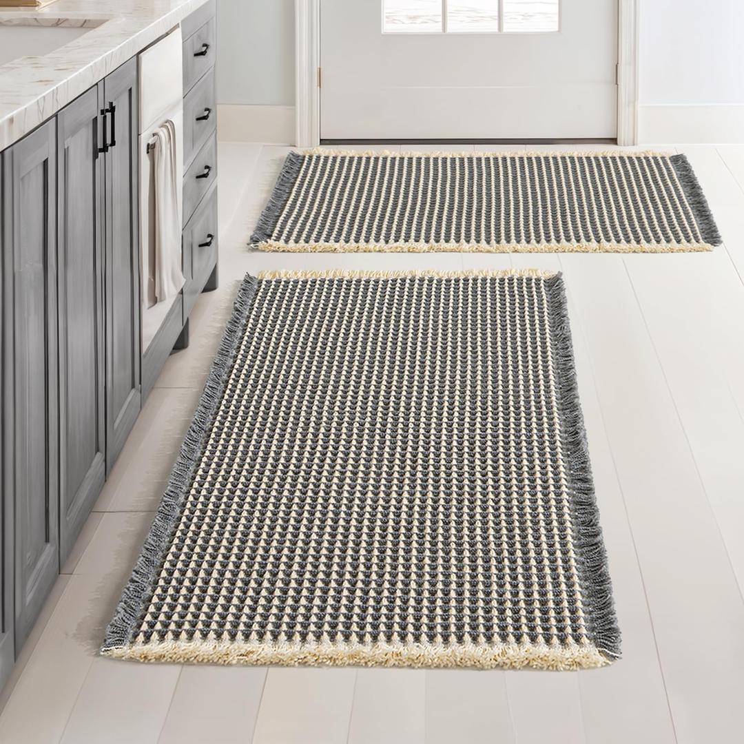 MIULEE Set of 2 Waffle Bathroom Rugs, Boho Bath Rugs Non Slip Washable, Super Absorbent Bath Mats, Ultra Soft Rubber Backed Shower Mats for Bathroom Floor, Tub, Dark Grey & Yellow, 18x30 Inch