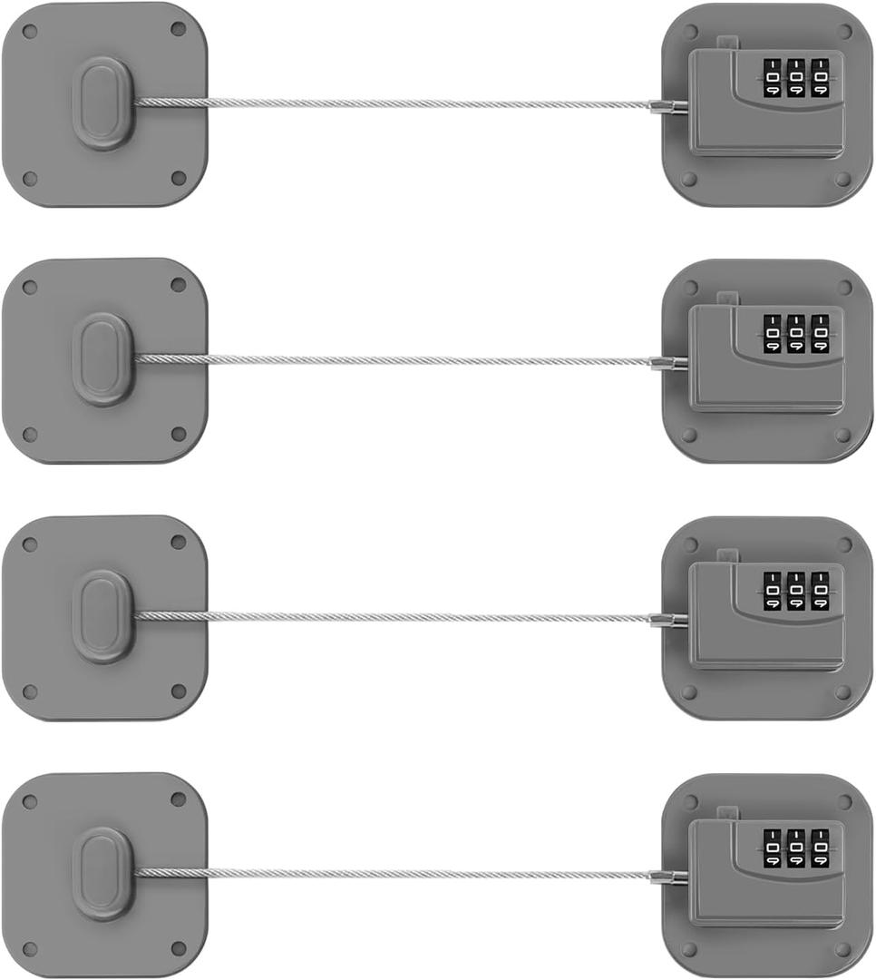 Refrigerator Lock, Heavy Duty Fridge Lock, Combination Lock for Refrigerator Cabinets, Drawers, Safety, Easy Install No Keys Needed (Grey-4Pack)