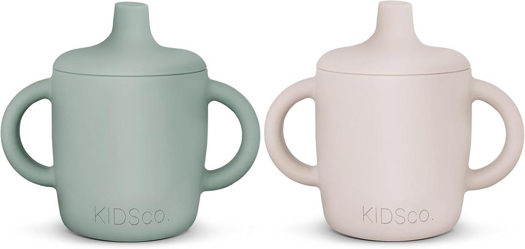 KIDSco. Silicone Sippy Cups (2 Pack)  Soft Spout & Open Training Cups for Babies 6+ Months | Easy Grip Handles, Unbreakable BPA-Free Silicone, Leak-Resistant, Dishwasher Safe (Green and Sandy Shore)