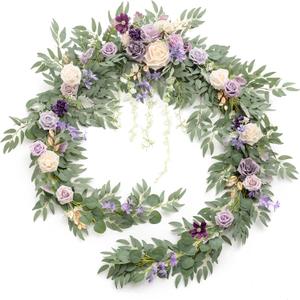 Ling's moment 9FT Flower Garland for Backdrop Decorations - Wedding Arch Flowers, Eucalyptus & Rose, Artificial Floral Garland for Mantel - Sweetheart Table Decor for Ceremony Reception, Lilac & Gold (Prpl-lilac & Cream)