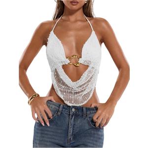 MakeMeChic Women's Y2k Crochet Halter Top Open Back Metal Ring Draped Front Summer Sequin Rave Party Going Out Tops (White, S)