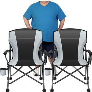 2 Pack Oversized Folding Camping Chair for Adults, Supports 450 LBS Camping Chairs, Heavy Duty Camping Chair with Side Pockets, Foldable Outdoor Chair for Camping, Beach, Fishing, Hiking, Black-Gray, Twin Pack