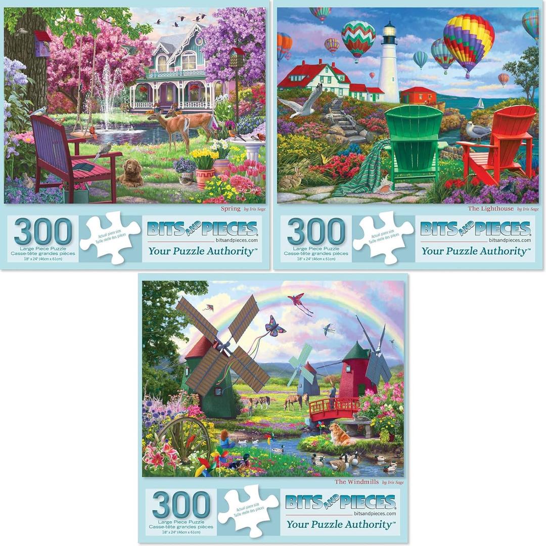 Bits and Pieces - Value Set of Three (3) - 300 Piece Jigsaw Puzzles for Adults - Large Piece 300 pc Colorful Nature Jigsaws Bundle by Artist Iris Sage - 18 x 24