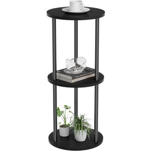 11.8'D Round Drink Table - 3-Tier Small Side Table with Wood Legs, End Table for Small Space, Balcony & Office | Space-Saving, Multi-Functional (Plants, Books, Drinks), Black