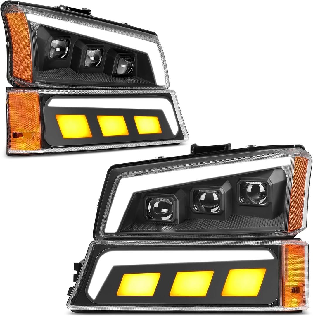 AUTOSAVER88 Headlight Assembly Compatible with 03-06 Chevy Avalanche Silverado 1500 1500HD 2500 2500HD 3500/07 Silverado Classic Headlamp w/LED DRL Turn Signal High/Low Sealed Beam Side Marker Light (Black Housing)