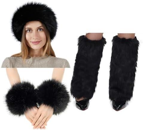 Fancylovesotio 5 Pieces Faux Fur Headband Arm Cuffs Leg Warmers Ear Furry Warmers for Cold Weather Furry Costumes (Black)
