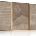 Large Mid Century Tan and Beige Framed Canvas Wall Art,Neutral Lines Dots Wall Decor,Abstract Sunset and Mountain Artwork,Boho Textured Shapes Art Print for Living Room,Bedroom,Office-16"x24"x3