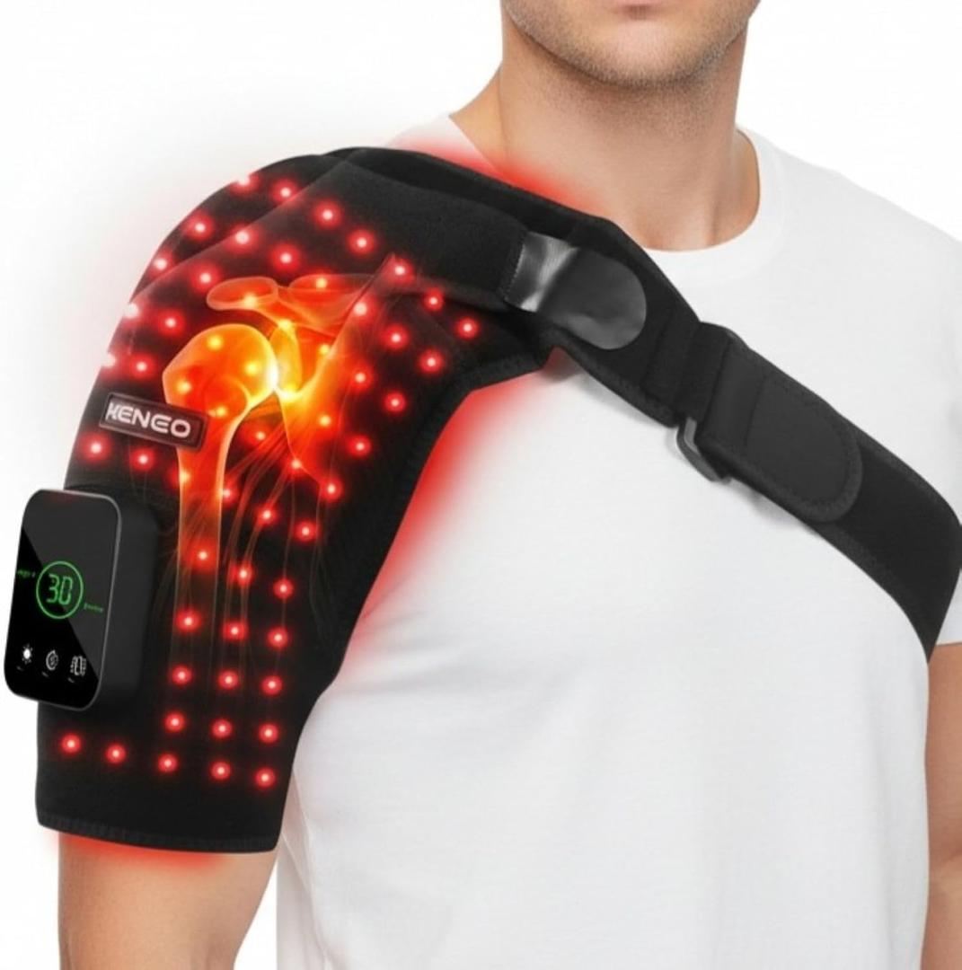 Keneo Red Light Therapy Shoulder Wrap with Heat & Vibration, 660nm & 850nm LEDs, 5000mAh Cordless Rechargeable Shoulder Support for Muscle Comfort, Adjustable Fit