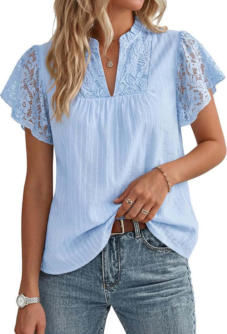 GRACE KARIN Womens Lace Short Sleeve Tops Summer Dressy Casual Cotton Blouses Flowy V Neck Dress Shirts Trendy Clothing 2026, Medium