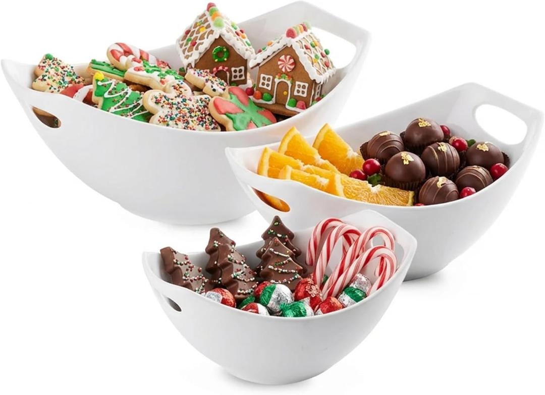 LAUCHUH Serving Bowls with Handles, Porcelain Serving Dishes White Nesting Bowls Mixing Bowl Set Salad Bowls for Entertaining, Party, Thanksgiving, Christmas, Baby Shower, Set of 3, 15/28/49 oz