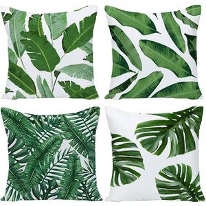 Pack of 4 Tropical Leaves Throw Pillow Cover Decorative Cotton Linen Burlap Square Outdoor Cushion Cover Pillow Case for Car Sofa Bed Couch 20x20 Inch