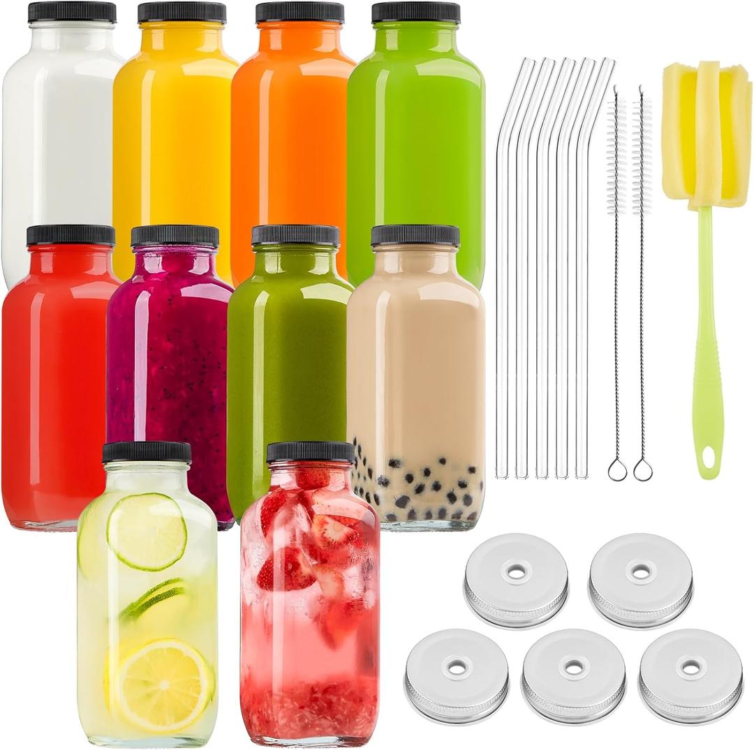 Kucoele 16oz Glass Juice Bottles with Lids, 10 Pack Drinking Containers with Straws Reusable Water Cups Mason Jars for Juicing, Smoothie, Milk, Kombucha