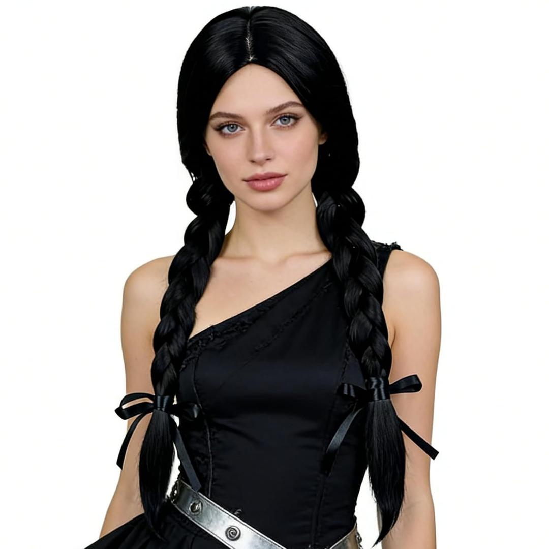 Half and Half Black Braided Costume Wig 19'' Long Black Pigtail Wigs Twin Braids Synthetic Hair for Halloween Party
