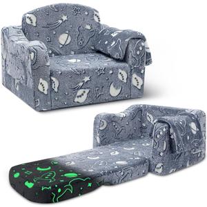 Comfy Toddler Couch and Chair for Kids with Blanket, 2-in-1 Soft Plush Fold Out Kids Sofa Chairs for Girls and Boys, Convertible Sofa to Lounger for Playroom, Glowing Starry Sky (Blue)