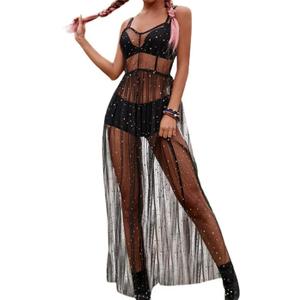 GRAEEN Black See Through Dress Sheer Mesh Rave Outfits Long Dresses for Women (X-Large)