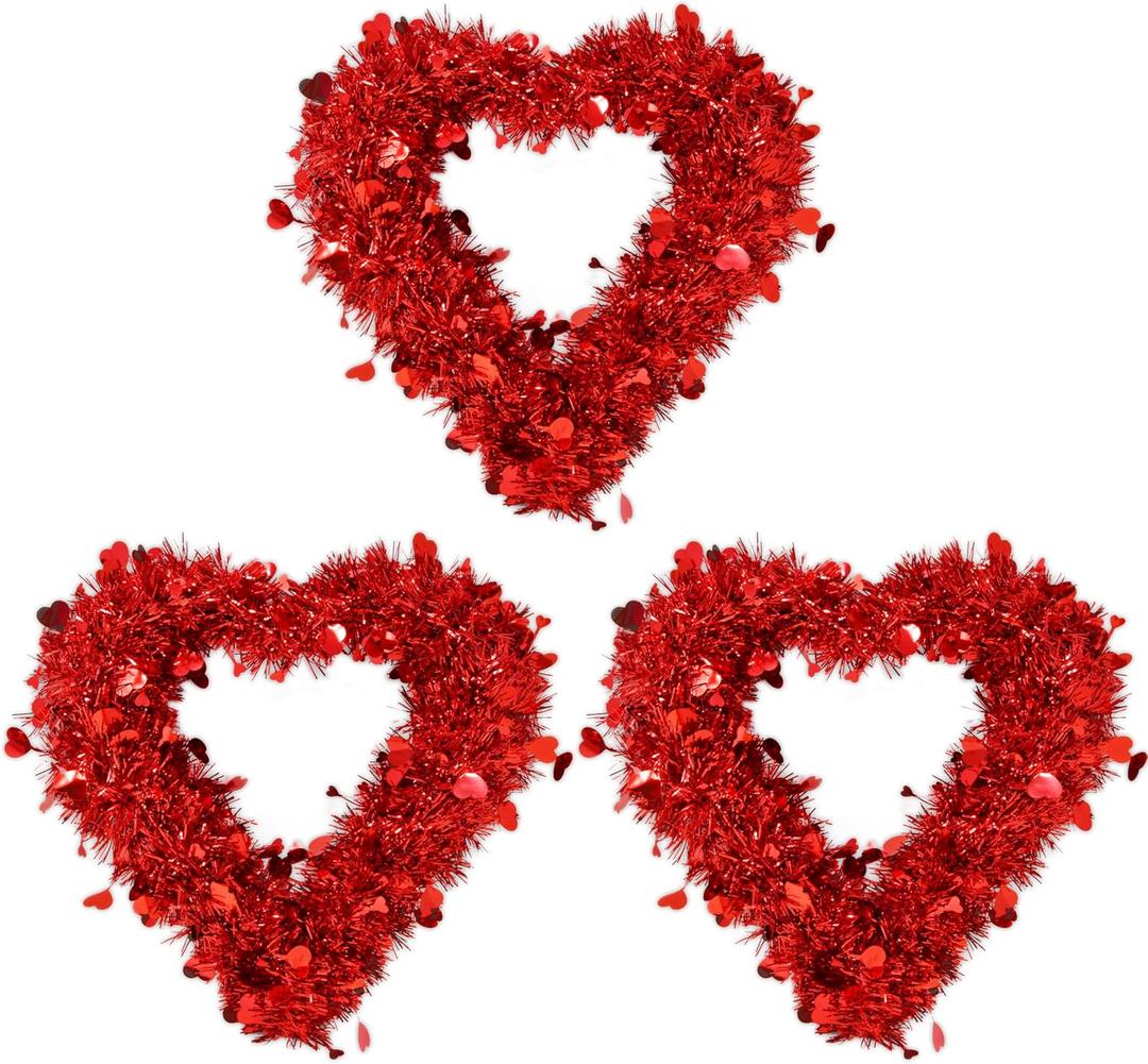 6 Pack Red Valentine Heart Wreaths Tinsel Hearts Shaped Wreath Hanging Valentine's Day Decorations for Valentines Holiday Wedding Birthday Party Front Door Wall Window Mantel Decor 15" x 13.4"