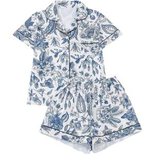 SHENHE Women's Floral Pajama Set 2 Piece Button Down Boho Vacation Shirt with Shorts Cute Pjs Set Lounge Pj Royal Blue Small (S)