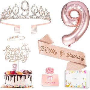 9th Birthday Decorations for Girls, Including 9 year old Birthday Cake Topper, Queen Sash with Pearl Pin, Sweet Rhinestone Tiara Crown, Number Candles and Balloons Set, Rose Gold