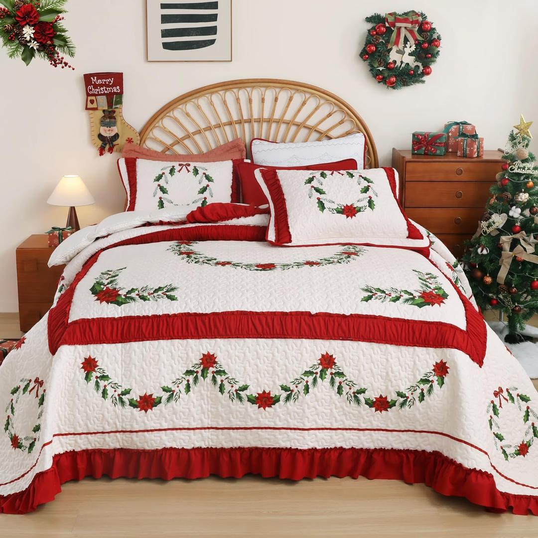 EVENHUG Queen Size Quilt Christmas Theme Bedding Sets with Pillow Shams Reversible Bedspread Coverlet Lightweight Christmas Festival Bed Cover for Bedroom Home Decoration (92"x96") (Dark Red White)